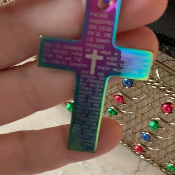 UNISEX VINTAGE LEATHER CHAIN BLUE CROSS/RAINBOW CROSS ITALIAN PRAYER - Picture 7 of 7